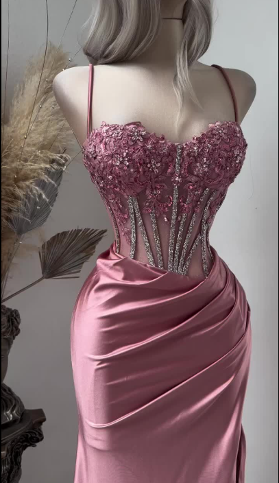 Glam Spaghetti Straps Sheath Long Prom Dresses Sequins Appliques Satin Pink  Evening Dresses Sleeveless Pink Formal Dresses EP05682