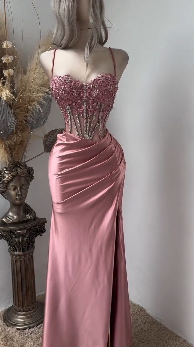 Glam Spaghetti Straps Sheath Long Prom Dresses Sequins Appliques Satin Pink  Evening Dresses Sleeveless Pink Formal Dresses EP05682