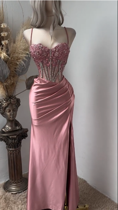 Glam Spaghetti Straps Sheath Long Prom Dresses Sequins Appliques Satin Pink  Evening Dresses Sleeveless Pink Formal Dresses EP05682