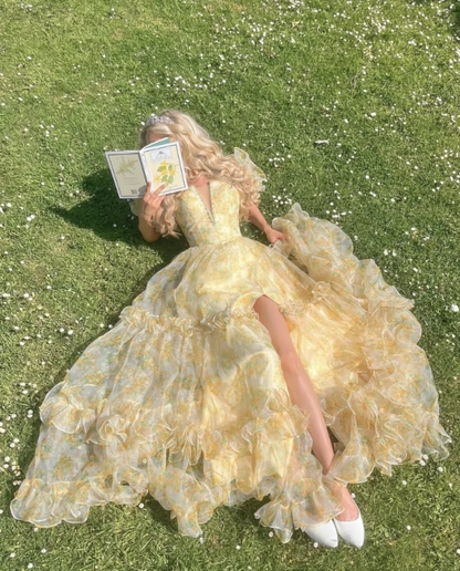 Fairy A-Line Long Yellow Prom Dresses Floral Tulle Evening Dresses Yellow Christmas Party Dresses   EP05685