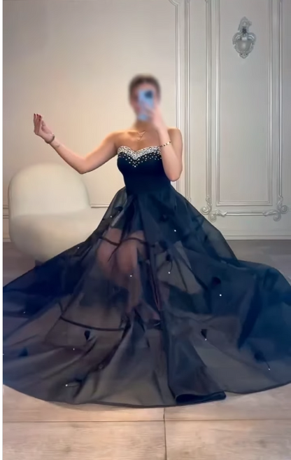 Glam Strapless A-Line Long Prom Dresses Tulle Navy Blue Evening Dresses Navy Blue Christmas Party Dresses  EP05685