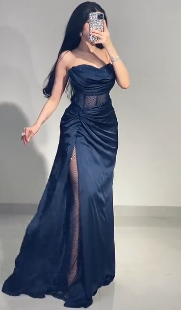 Glam Strapless Sheath Long Prom Dresses Sleeveless Navy Blue Christmas Dresses Satin Navy Blue Evening Dresses with Slits  EP05686