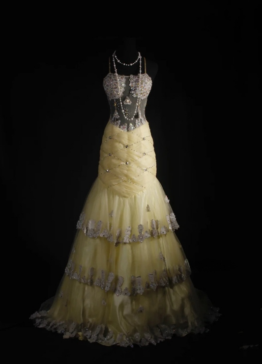 Cute Spaghetti Straps Sheath Long Prom Dresses Sleeveless Birthday Dresses Beaded Tulle Yellow Evening Dresses  EP05690