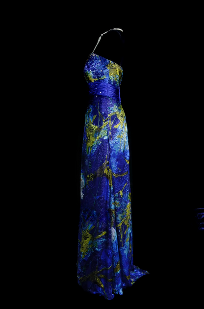 Vintage Strapless Sheath Long Prom Dresses Sleeveless Blue Birthday Dresses Chiffon Blue Evening Dresses   EP05691