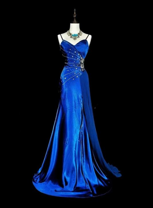 Gorgeous Spaghetti Straps Sheath Long Prom Dresses Sleeveless Blue Birthday Dresses Satin Blue Evening Dresses   EP05692