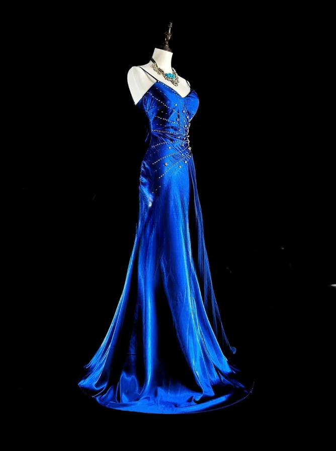 Gorgeous Spaghetti Straps Sheath Long Prom Dresses Sleeveless Blue Birthday Dresses Satin Blue Evening Dresses   EP05692