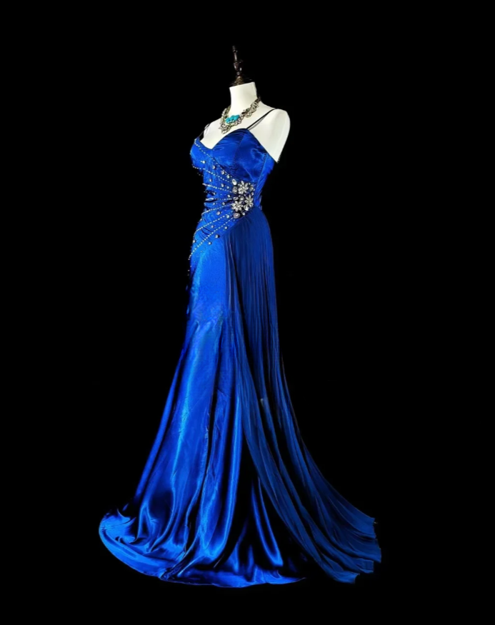 Gorgeous Spaghetti Straps Sheath Long Prom Dresses Sleeveless Blue Birthday Dresses Satin Blue Evening Dresses   EP05692