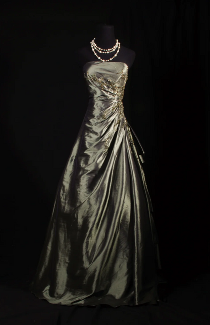 Gorgeous Strapless Sheath Long Prom Dresses Sleeveless Birthday Dresses Satin Silver Gray Evening Dresses    EP05693