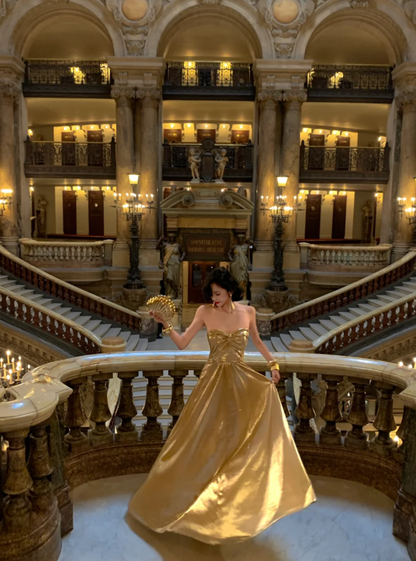 Sexy Strapless Sheath Long Prom Dresses Sleeveless Gold Party Dresses Satin Wedding Guest Dresses EP05696