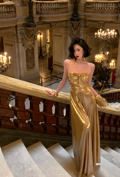 Sexy Strapless Sheath Long Prom Dresses Sleeveless Gold Party Dresses Satin Wedding Guest Dresses EP05696