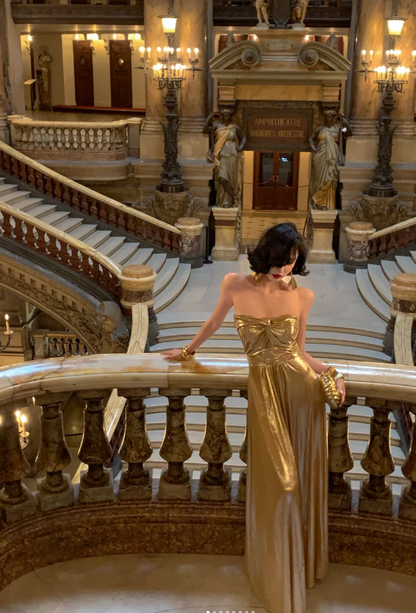 Sexy Strapless Sheath Long Prom Dresses Sleeveless Gold Party Dresses Satin Wedding Guest Dresses EP05696