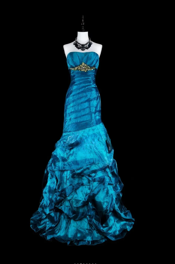 Sexy Strapless Sheath Long Prom Dresses Sleeveless Party Dresses Tulle Blue Evening Dresses  EP05695