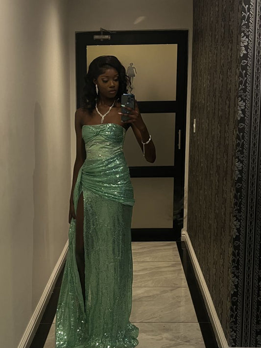 Sexy Strapless Sheath Long Prom Dresses Sleeveless Green Christmas Dress Dresses Sequins Green Wedding Guest Dresses with Slit EP05697