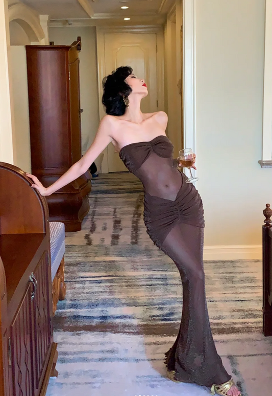 Sexy Strapless Sheath Long Prom Dresses Sleeveless Chocolate Christmas Dress Dresses Chiffon Chocolate Evening Dresses EP05698