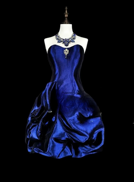 Fairy Strapless A-Line Short Prom Dresses Satin Sleeveless Party Dresses Blue Birthday Dresses EP05702