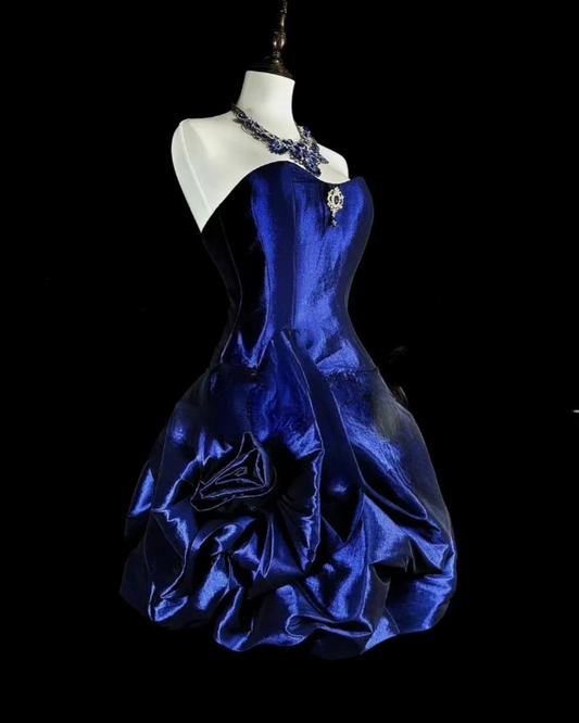 Fairy Strapless A-Line Short Prom Dresses Satin Sleeveless Party Dresses Blue Birthday Dresses EP05702