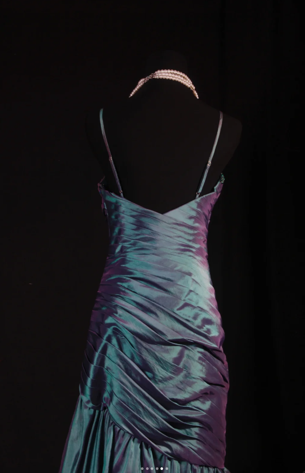 Fairy Spaghetti Straps Sheath Long Prom Dresses Satin Sleeveless Evening Dresses  Green Birthday Dresses EP05703