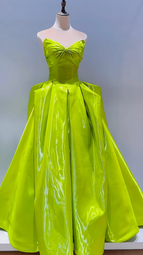 Fairy Strapless A-Line Long Prom Dresses Satin Sleeveless Evening Dresses Lemon Green Birthday Dresses EP05704