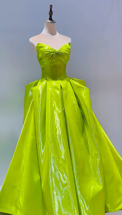 Fairy Strapless A-Line Long Prom Dresses Satin Sleeveless Evening Dresses Lemon Green Birthday Dresses EP05704