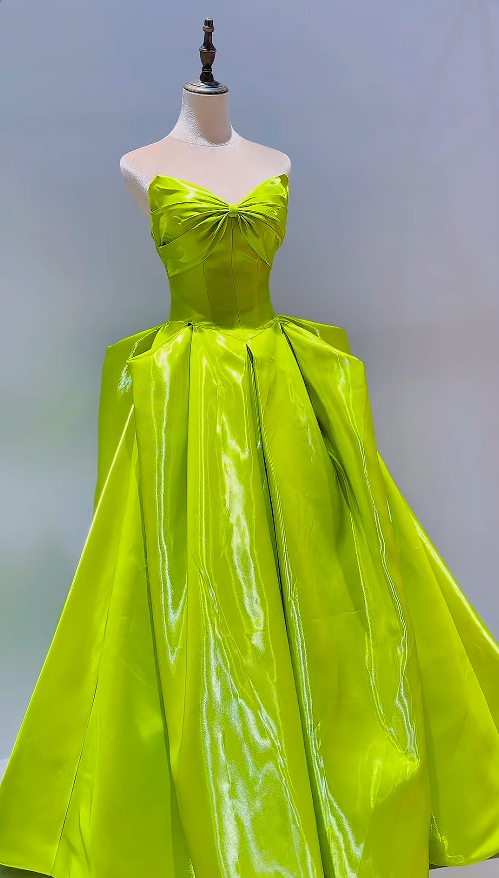 Fairy Strapless A-Line Long Prom Dresses Satin Sleeveless Evening Dresses Lemon Green Birthday Dresses EP05704