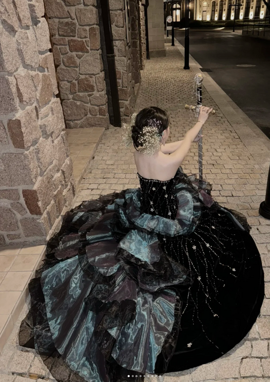 Fairy Strapless Ball Gown Long Prom Dresses Tulle Sleeveless Quinceanera Dresses Black Sweet 16 Dresses EP05705