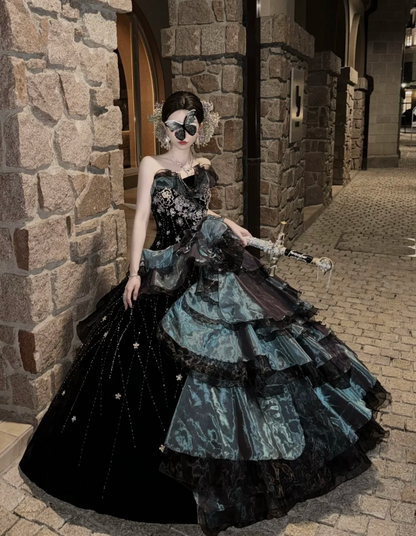 Fairy Strapless Ball Gown Long Prom Dresses Tulle Sleeveless Quinceanera Dresses Black Sweet 16 Dresses EP05705