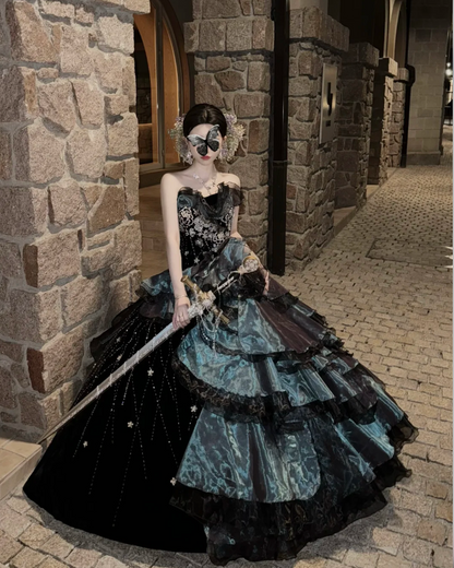 Fairy Strapless Ball Gown Long Prom Dresses Tulle Sleeveless Quinceanera Dresses Black Sweet 16 Dresses EP05705