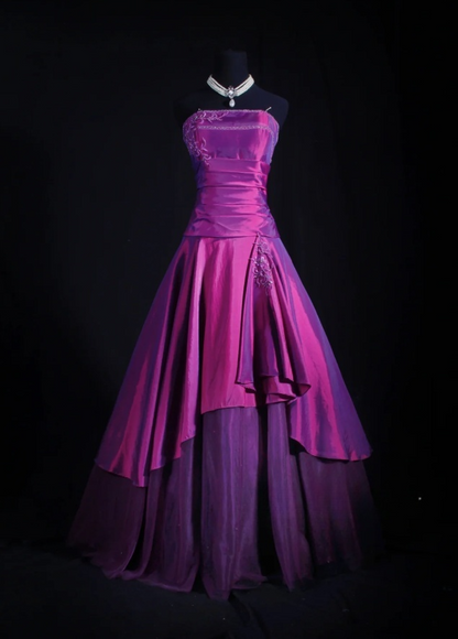 Cute Strapless A-Line Long Prom Dresses Satin Fuchsia Evening Dresses Sleeveless Fuchsia Birthday Dresses EP05708