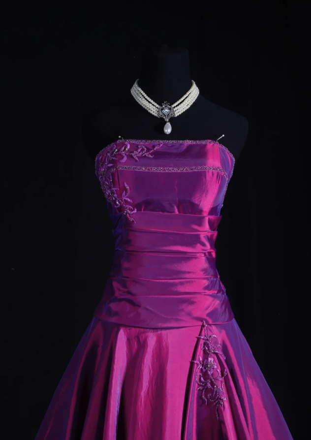 Cute Strapless A-Line Long Prom Dresses Satin Fuchsia Evening Dresses Sleeveless Fuchsia Birthday Dresses EP05708