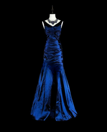Cute V-neck Sheath Long Prom Dresses Satin Blue Evening Dresses Sleeveless Blue Birthday Dresses EP05710