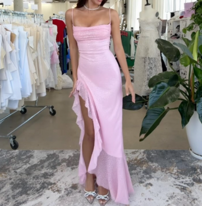 Sexy Pink Sheath Prom Dresses Spaghetti Straps Tulle Sleeveless Birthday Dresses with Slits  EP05723