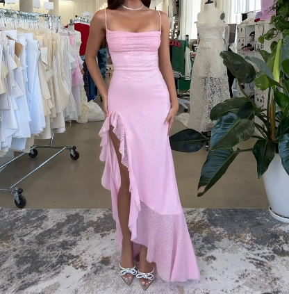 Sexy Pink Sheath Prom Dresses Spaghetti Straps Tulle Sleeveless Birthday Dresses with Slits  EP05723