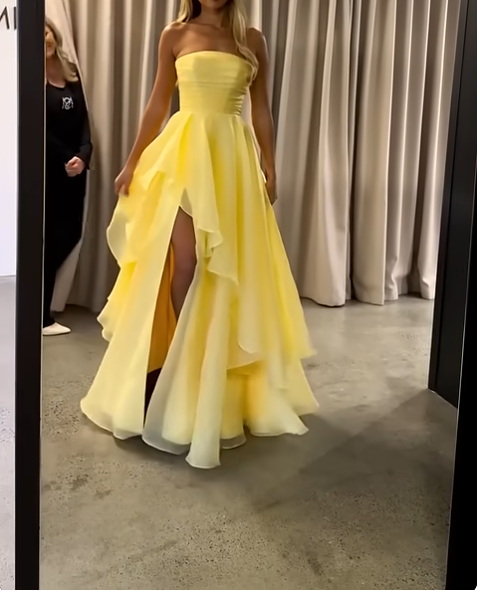 Sexy Yellow Mermaid Long Prom Dresses Strapless Evening Dresses Chiffon Sleeveless Birthday Dresses with Slits  EP05726