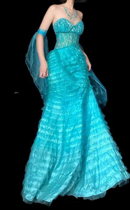 Chic Blue Mermaid Long Prom Dresses Sweetheart Tulle Sleeveless Evening Dresses   EP05710