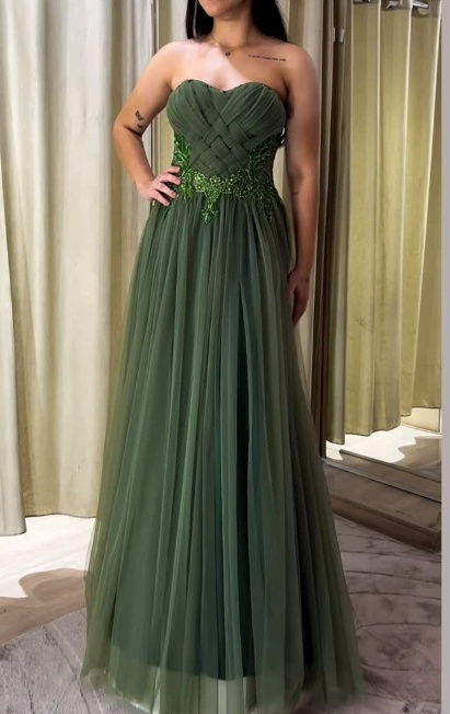 Chic Green A-Line Long Prom Dresses Sweetheart Tulle Sleeveless Evening Dresses EP05741