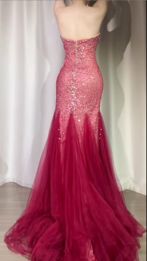 Burgundy Mermaid Long Prom Dresses Chic Sweetheart Tulle Sequins Party Dresses Sleeveless Evening Dresses  EP05742
