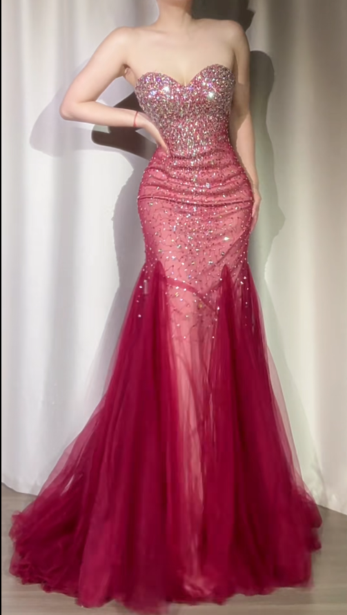 Burgundy Mermaid Long Prom Dresses Chic Sweetheart Tulle Sequins Party Dresses Sleeveless Evening Dresses  EP05742
