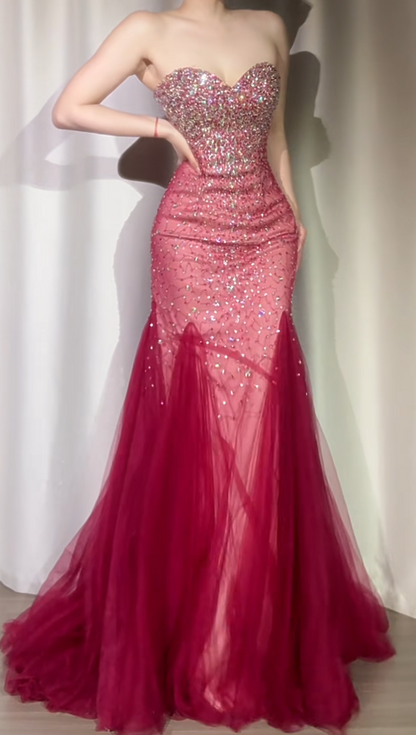 Burgundy Mermaid Long Prom Dresses Chic Sweetheart Tulle Sequins Party Dresses Sleeveless Evening Dresses  EP05742