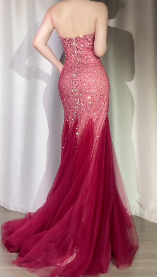 Burgundy Mermaid Long Prom Dresses Chic Sweetheart Tulle Sequins Party Dresses Sleeveless Evening Dresses  EP05742