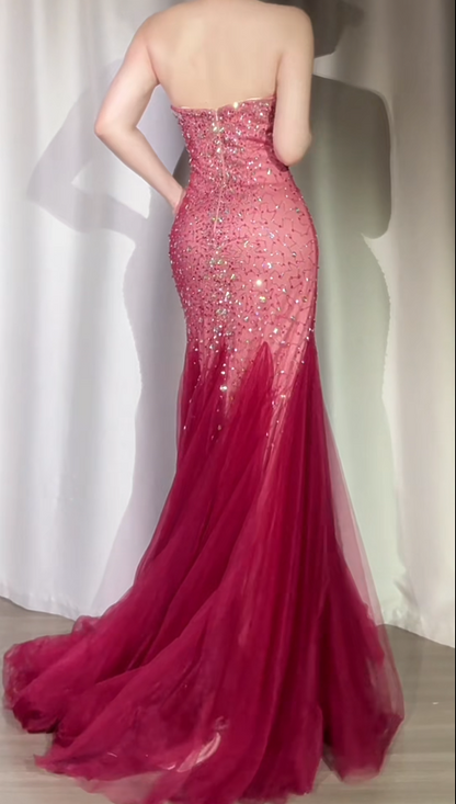 Burgundy Mermaid Long Prom Dresses Chic Sweetheart Tulle Sequins Party Dresses Sleeveless Evening Dresses  EP05742