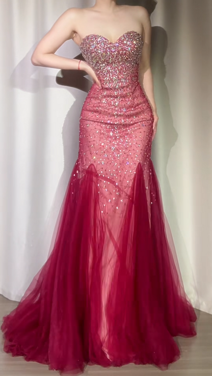 Burgundy Mermaid Long Prom Dresses Chic Sweetheart Tulle Sequins Party Dresses Sleeveless Evening Dresses  EP05742