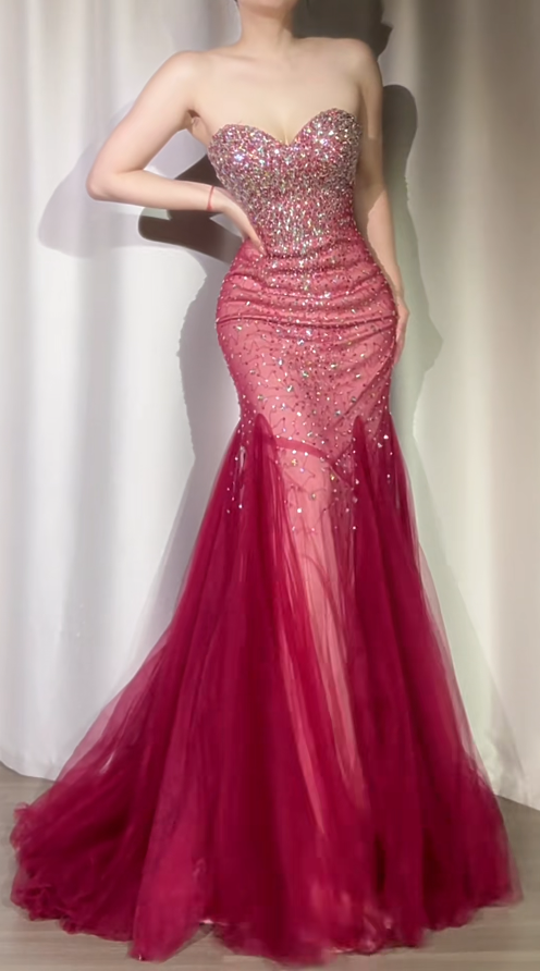 Sparkly Sequin Mermaid Evening Gowns Vintage Burgundy Beaded Tulle Formal Dress Elegant Sweetheart Neck Prom Dress ED03925