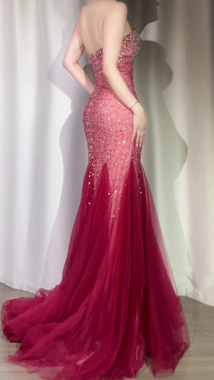 Burgundy Mermaid Long Prom Dresses Chic Sweetheart Tulle Sequins Party Dresses Sleeveless Evening Dresses  EP05742