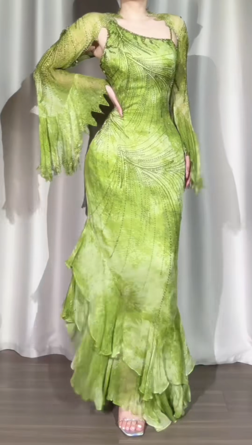 Green Sheath Long Prom Dresses Vintage Beaded Chiffon Party Dresses One-shoulder Evening Dresses EP05743