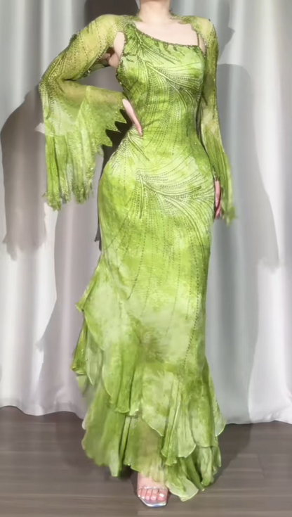 Green Sheath Long Prom Dresses Vintage Beaded Chiffon Party Dresses One-shoulder Evening Dresses EP05743