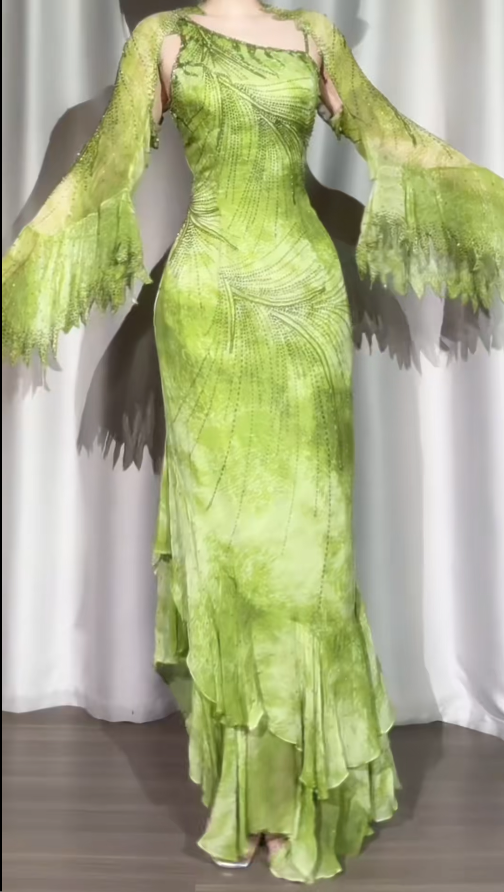 Green Sheath Long Prom Dresses Vintage Beaded Chiffon Party Dresses One-shoulder Evening Dresses EP05743