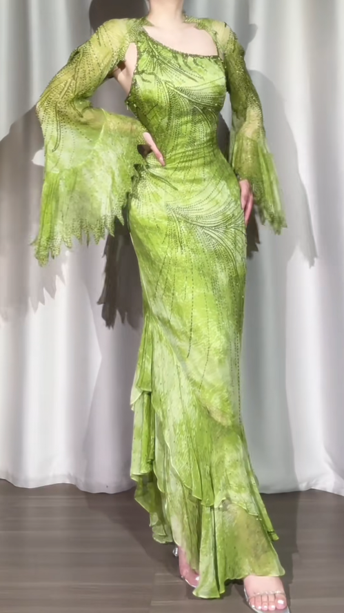 Green Sheath Long Prom Dresses Vintage Beaded Chiffon Party Dresses One-shoulder Evening Dresses EP05743