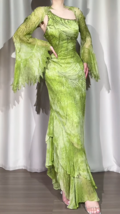 Green Sheath Long Prom Dresses Vintage Beaded Chiffon Party Dresses One-shoulder Evening Dresses EP05743