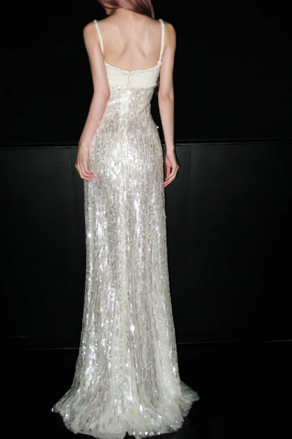 Gorgeous Sheath Long Wedding Dresses Spaghetti Straps Sequins White Bridal Gowns Sleeveless Bridal Dresses EP05744