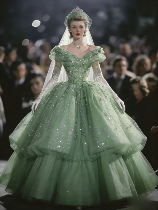 Green A-Line Long Prom DressesTulle Beaded Fairy Sweet 16 Dresses Off-shoulder Birthday Dresses EP05776